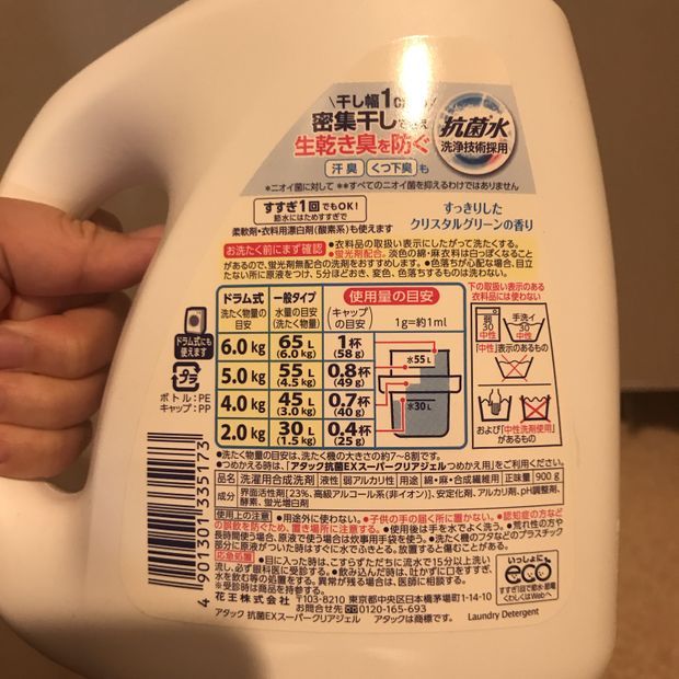洗剤の裏に記載された洗剤の量