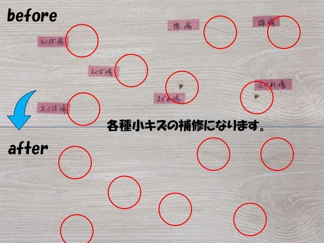 フローリングのくぼみ・穴あき・剥がれ、ひっかきキズ、日焼けや色あせ等の補修