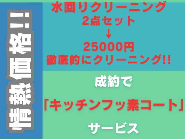 水回り2点セット 25000円 追加料金無し 徹底的にクリーニング 損害保険有り