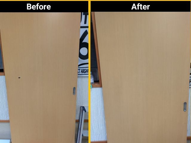 ドアに空いた穴やキズ、綺麗に修復致します。