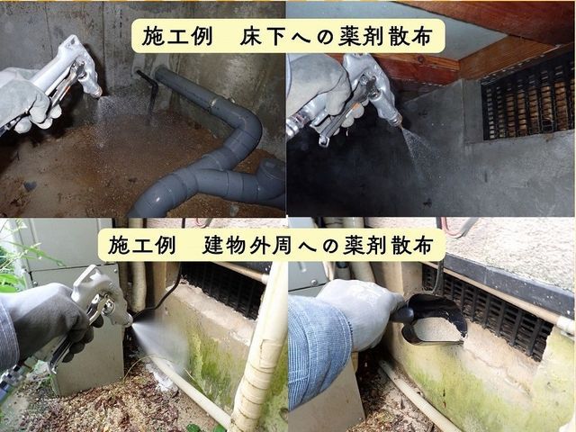 茨木より。２種類の薬剤を床下と建物外周に沿って散布。効果は3ヶ月程持続します。