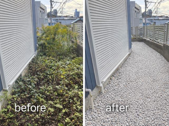 除草、除草剤込み！防犯砂利は助成金でお安く施工⁈ 砂利敷きは下地処理が命です！
